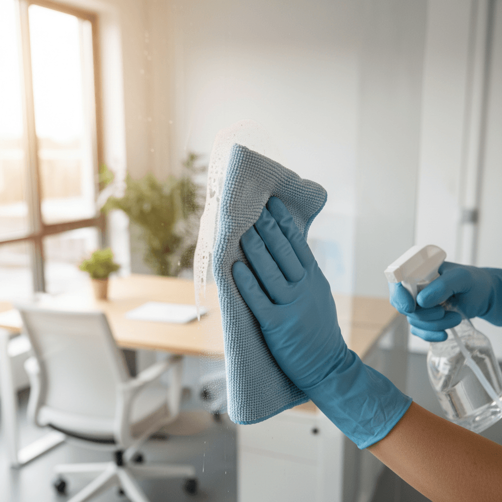 Cleaning supplies on wood table with natural light