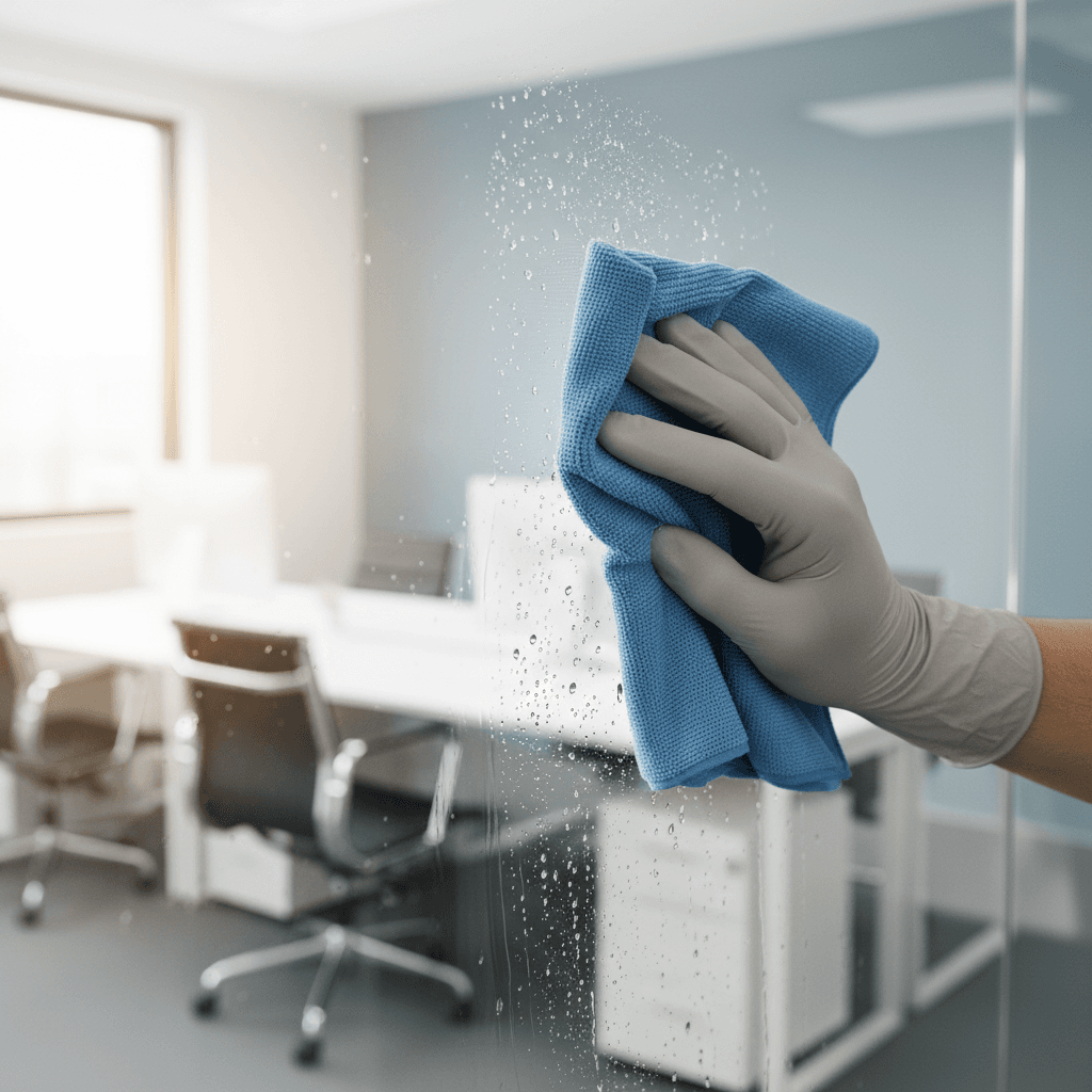 Cleaning a glass surface with a microfiber cloth